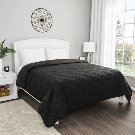 HASTINGS HOME Quilt Coverlet with Weave Quilted Pattern Lightweight Bedding for All Seasons (Full/Queen, Black) 811593WCJ